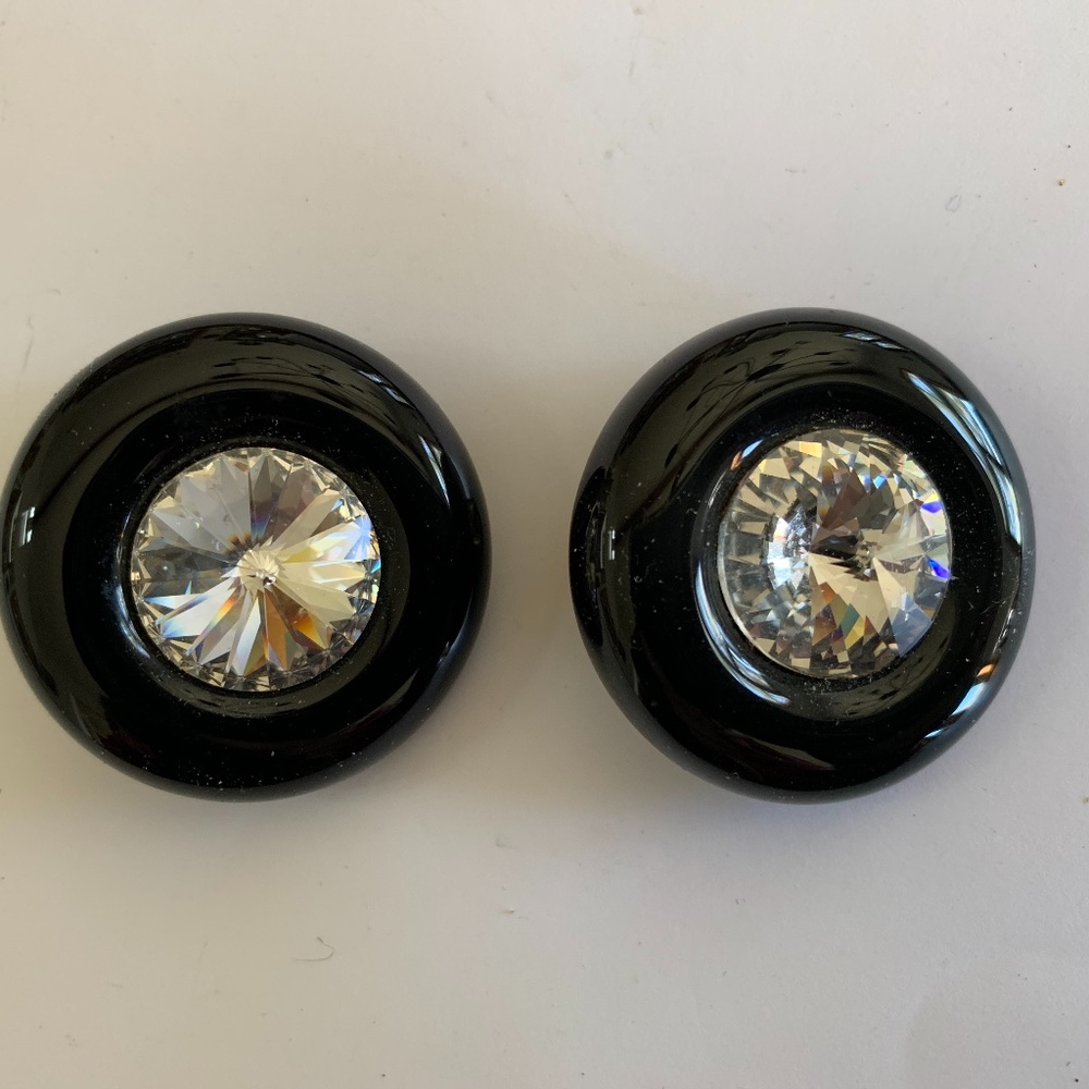 JONI VINTAGE BLACK & RHINESTONE CLIP BACK EARRINGS